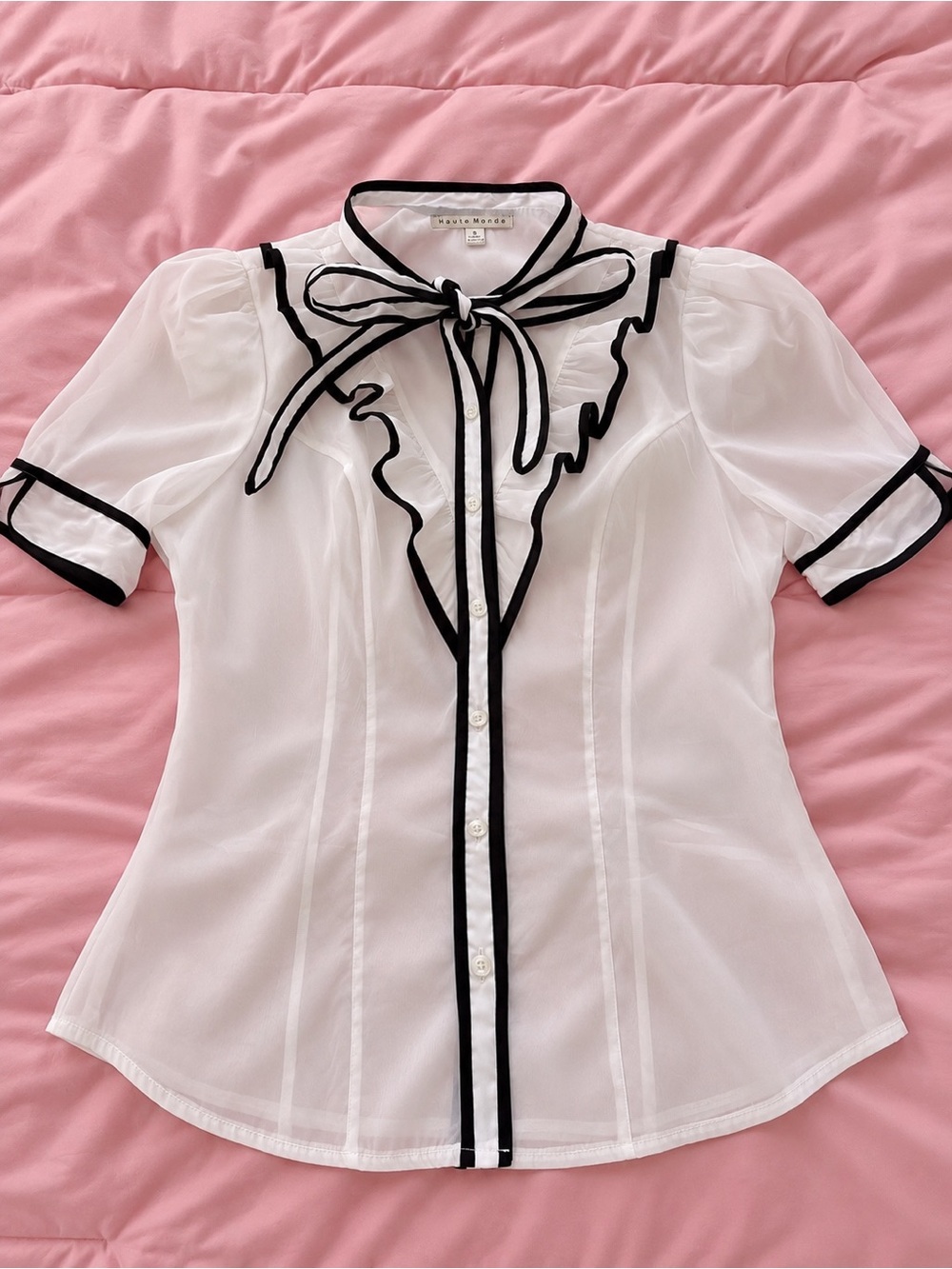 Chiffon Bow-Tie Ruffle Blouse - White with Black Trim